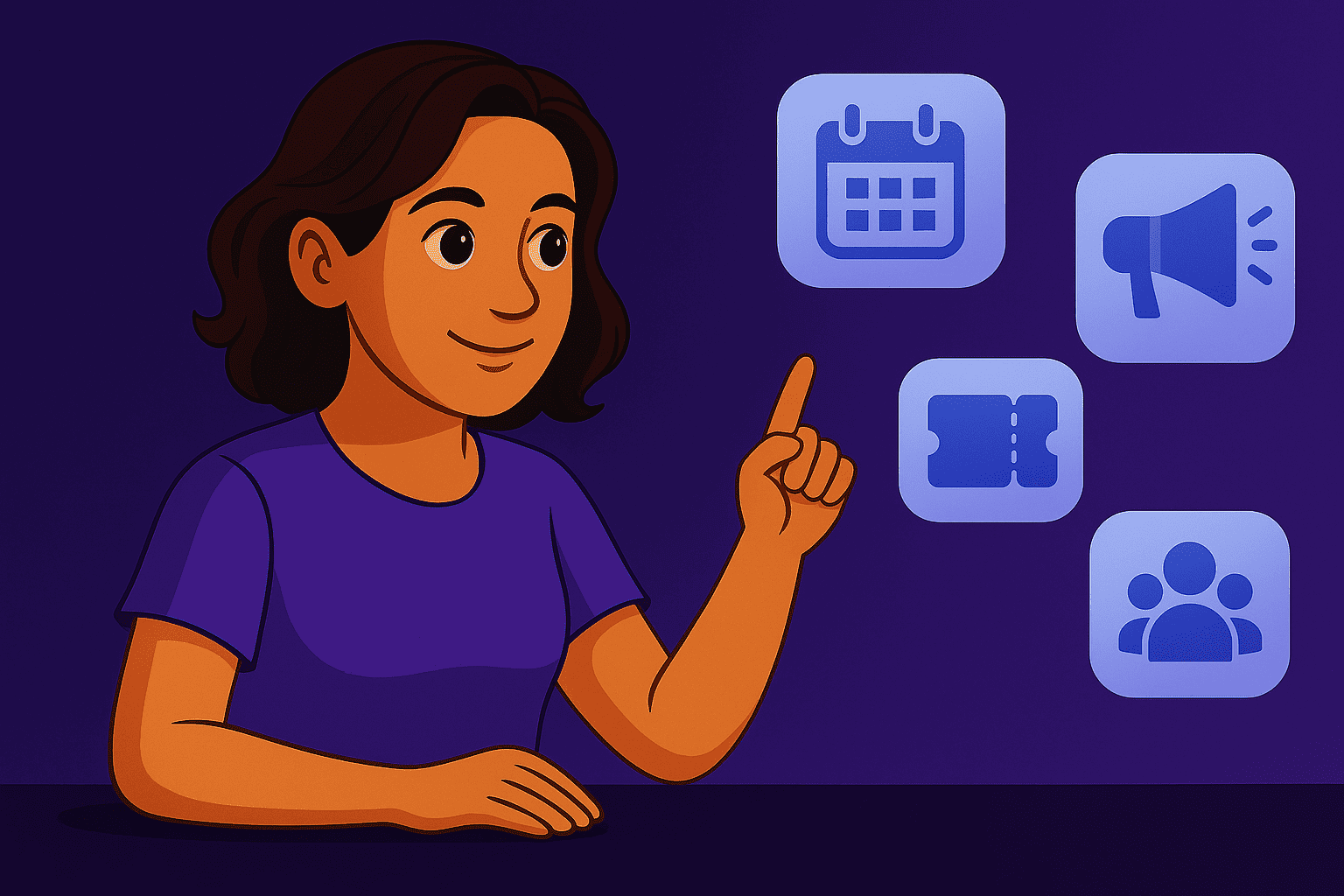 Illustration einer Frau im Funnelforms-Stil, die auf Symbole für Event-Marketing wie Kalender, Megafon, Tickets und Teilnehmergruppen zeigt.