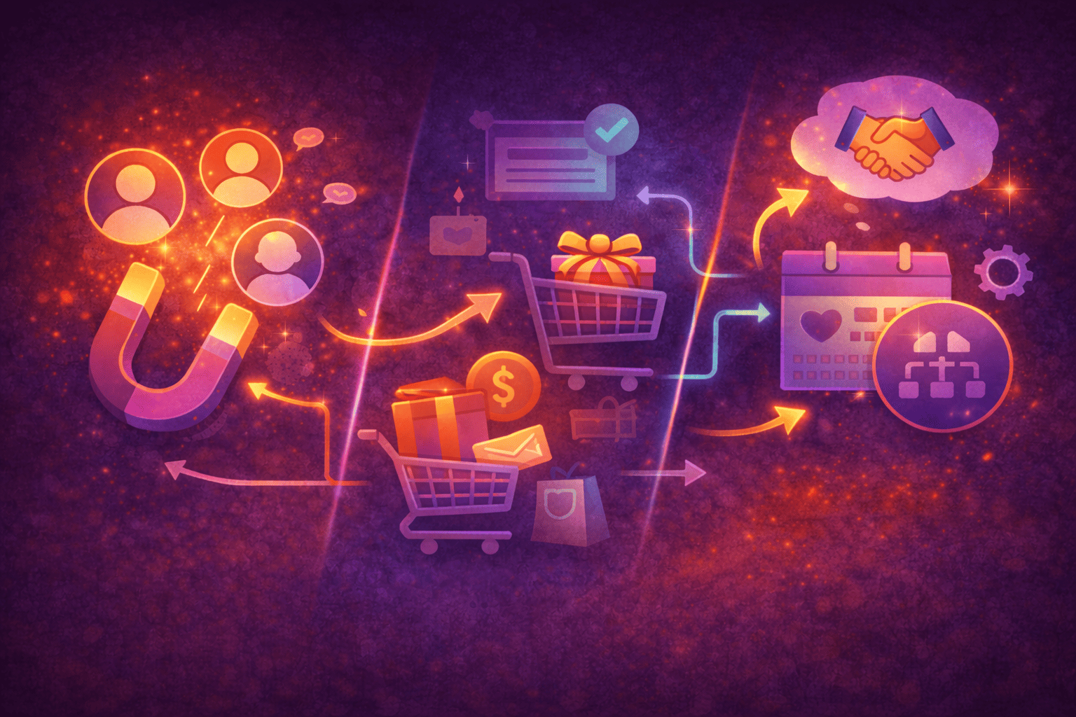 Illustration typischer Einsatzbereiche von E-Mail-Automationen: Symbole für Lead-Gewinnung, Warenkorb, Kaufanreize und Kundenbindung sind durch Pfeile miteinander verbunden und zeigen, wie automatisierte E-Mail-Flows Nutzer entlang der Customer Journey begleiten und langfristige Beziehungen aufbauen.