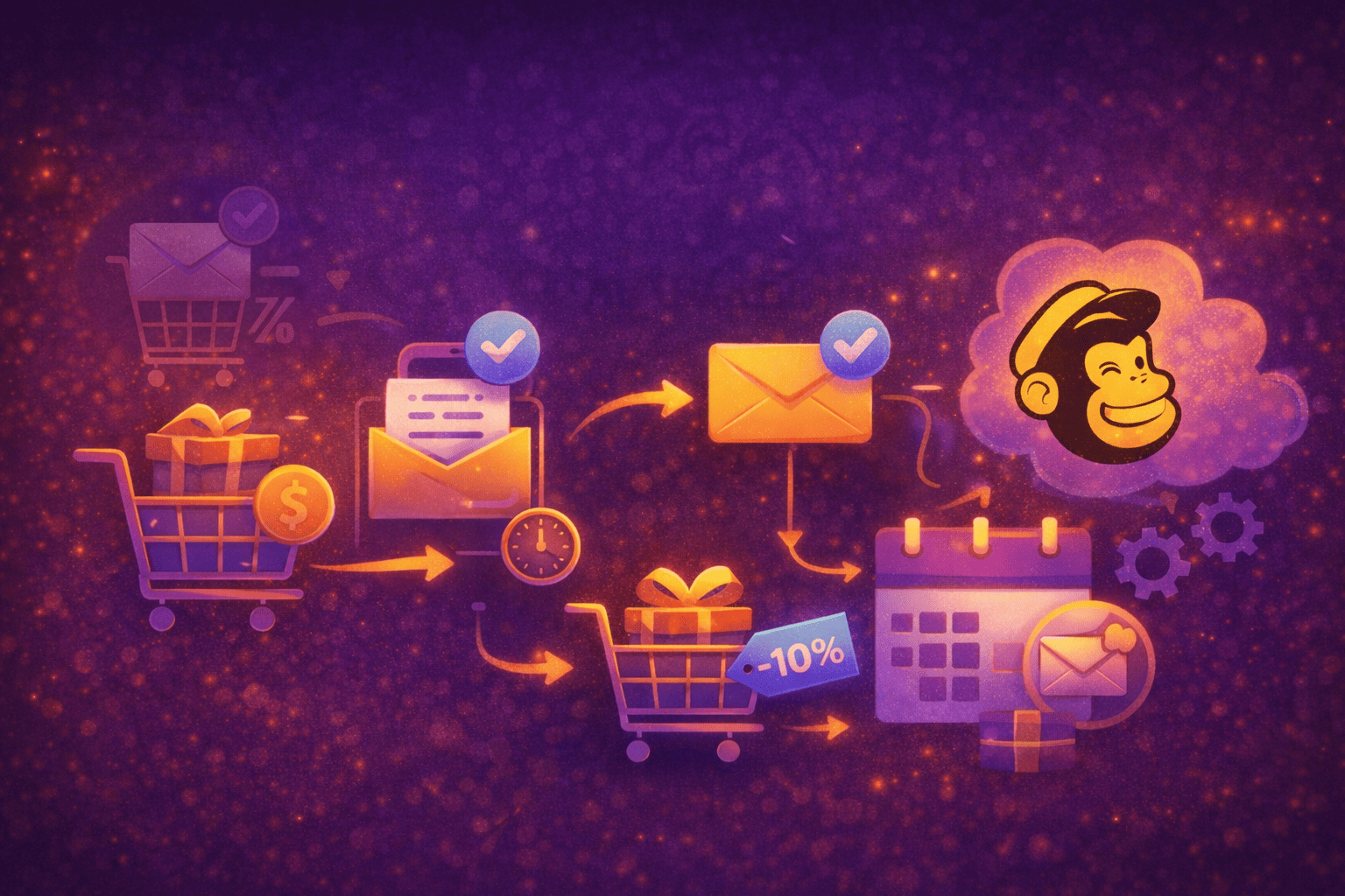 Illustration einer Warenkorbabbruch-Automation im E-Mail-Marketing: Ein gefüllter Warenkorb führt zu automatisierten Erinnerungs-E-Mails, zeitgesteuerten Follow-ups und optionalen Anreizen wie Rabatten, dargestellt als strukturierter Ablauf mit E-Mail-Symbolen, Uhr-Icon und Kalender.