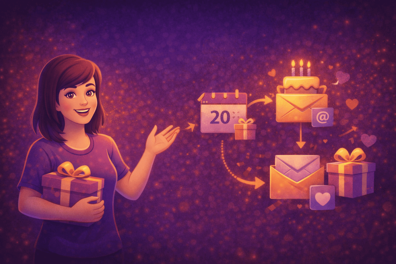 Illustration einer Anlass- und Geburtstags-Automation im E-Mail-Marketing: Eine virtuelle Mitarbeiterin überreicht ein Geschenk, während zeitgesteuerte E-Mails zu einem bestimmten Datum versendet werden. Kalender-, Geschenk- und Herzsymbole zeigen personalisierte E-Mail-Automationen zur Kundenbindung.