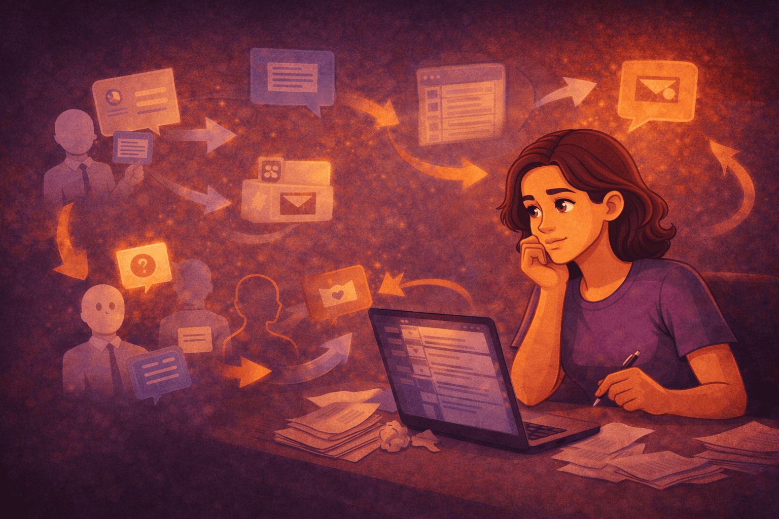 Digitale Mitarbeiterin analysiert am Laptop komplexe Marketing- und Kommunikationsabläufe, während im Hintergrund verschiedene Kontakte, Nachrichten, E-Mails und Entscheidungswege als miteinander verbundene Prozesse dargestellt sind.