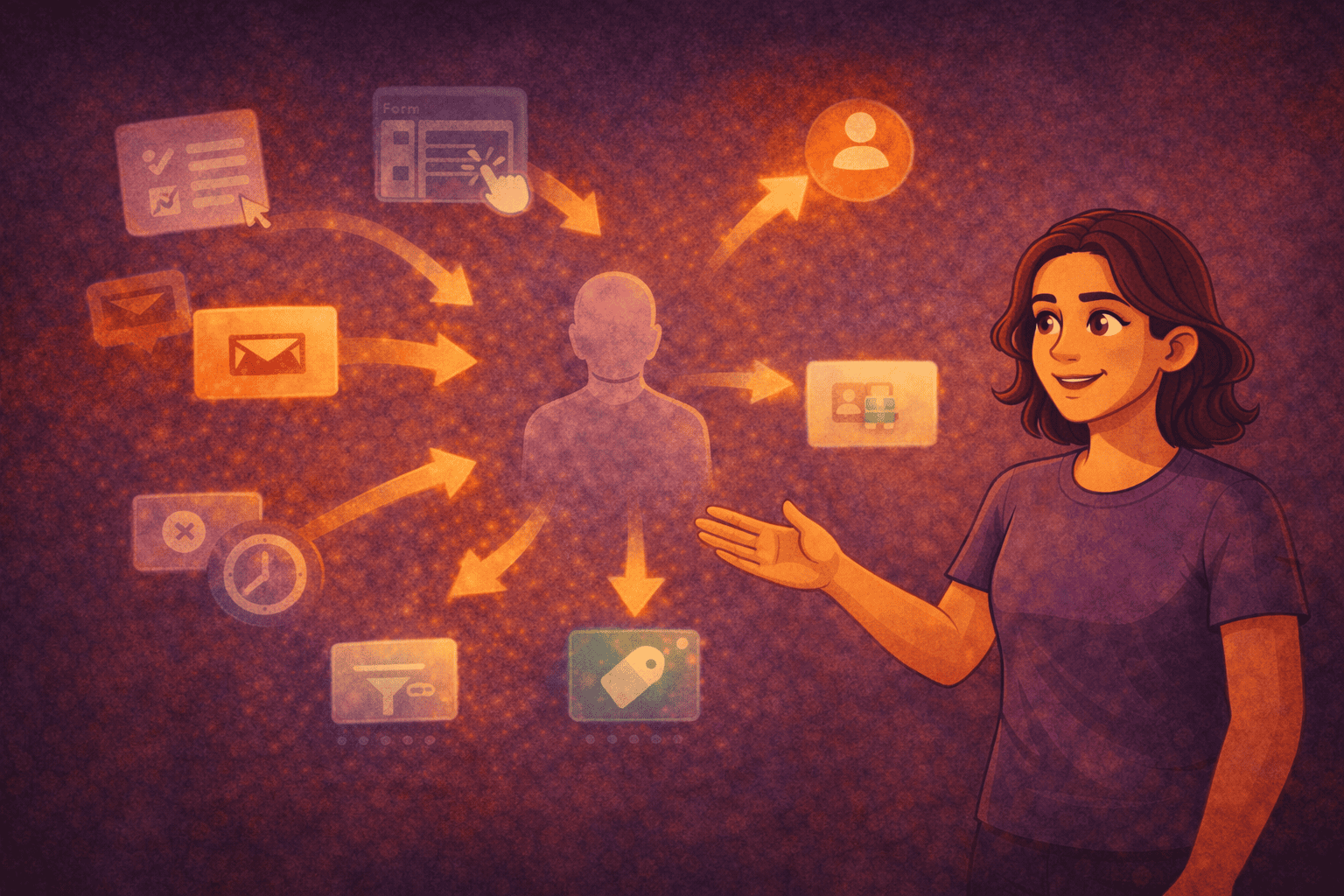 Digitale Mitarbeiterin erklärt die Segmentierung und Verarbeitung von Kontaktdaten, bei der Informationen aus Formularen, E-Mails, Tags und Zeitpunkten in ein zentrales Kontaktprofil zusammengeführt und für weitere Marketing-Automationen genutzt werden.