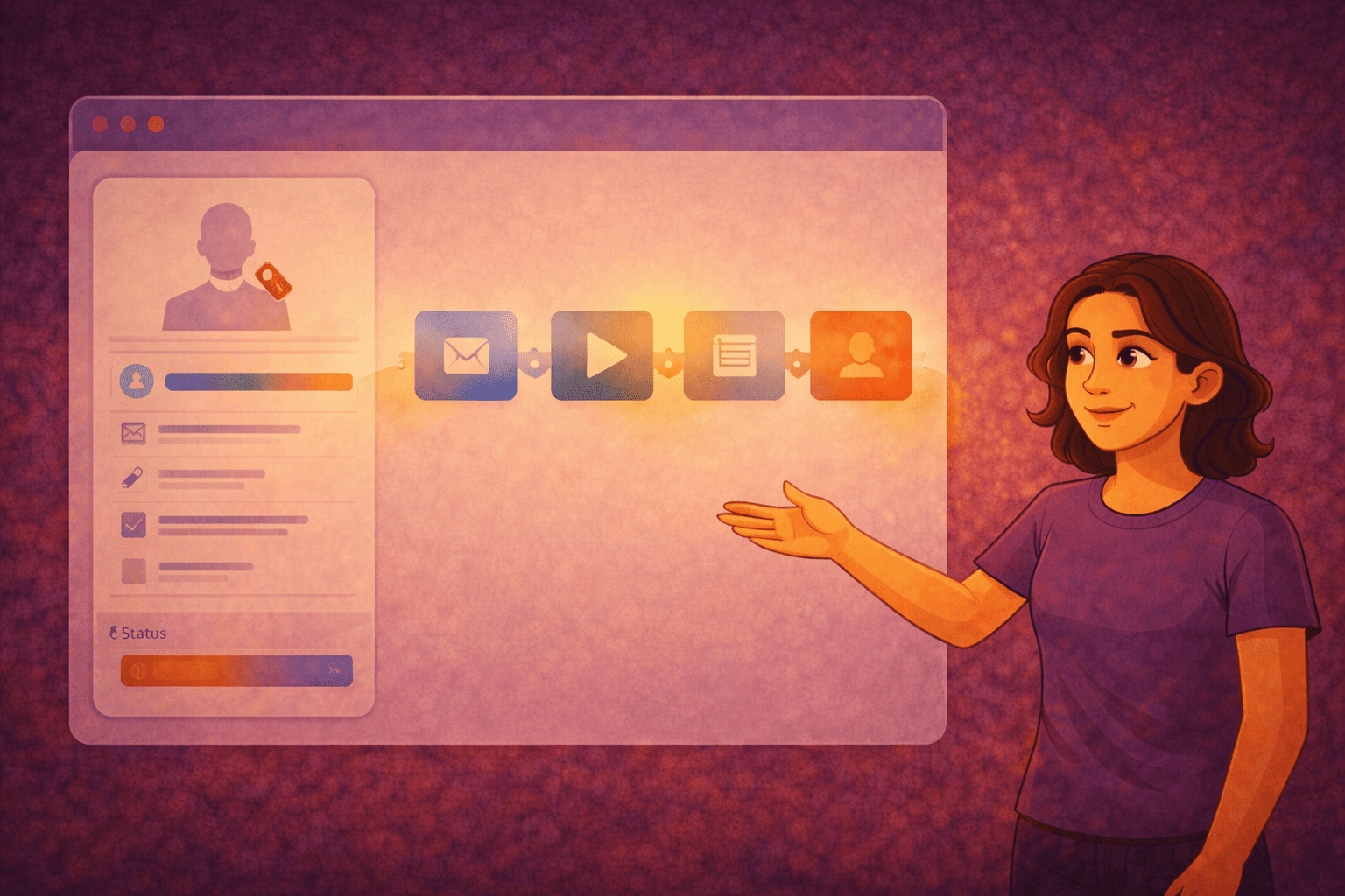 Digitale Mitarbeiterin erklärt eine Marketing-Automation in ActiveCampaign, bei der Kontaktprofile mit E-Mails, Videos, Inhalten und Segmenten zu einem strukturierten, automatisierten Prozess verbunden sind.