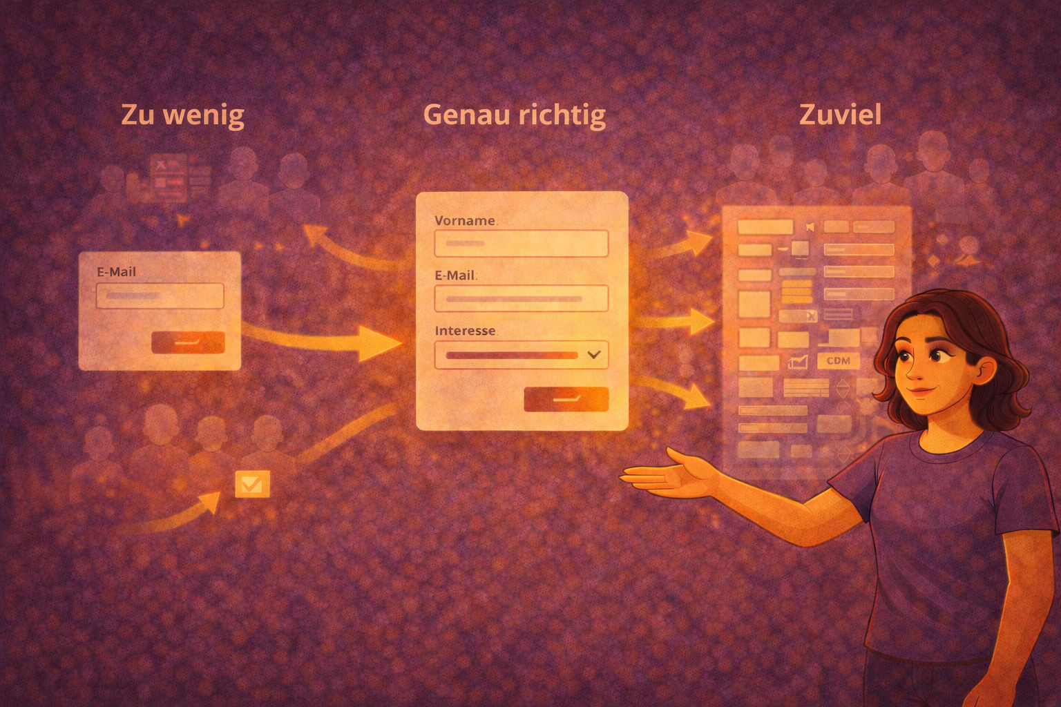 Illustration zur Datenerfassung im E-Mail-Marketing: Vergleich zwischen zu wenigen, optimalen und zu vielen Formularfeldern, dargestellt durch eine Unternehmerin, die erklärt, wie ausgewogene Eingangsdaten die Qualität von Segmentierung und Automationen in ActiveCampaign verbessern.
