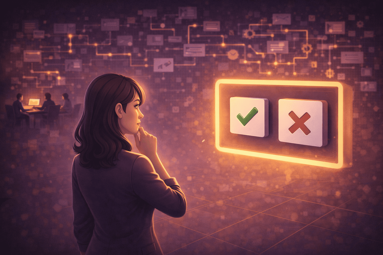 Frau blickt auf eine Entscheidungsfläche mit grünem Haken und rotem Kreuz als Symbol für eine klare Ja-oder-Nein-Entscheidung.