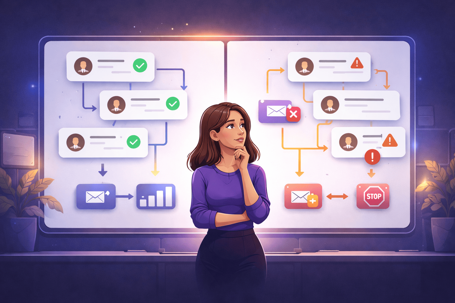 Vergleich zweier Marketing-Automations-Abläufe mit identischem System: links strukturierte Kontakte und erfolgreiche E-Mail-Sequenzen, rechts unklare Kontaktzustände und blockierte Versandprozesse.