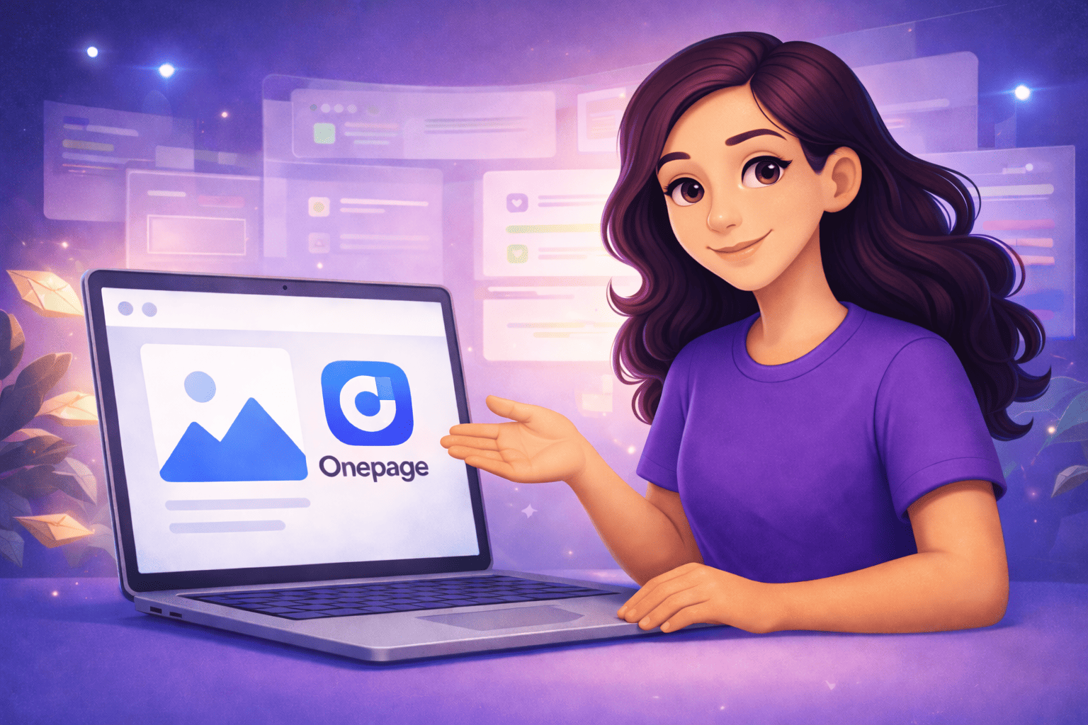Frau mit Daumen hoch sitzt vor Laptop mit Onepage-Logo – moderne Illustration für einfaches Website-Erstellen ohne Technikaufwand