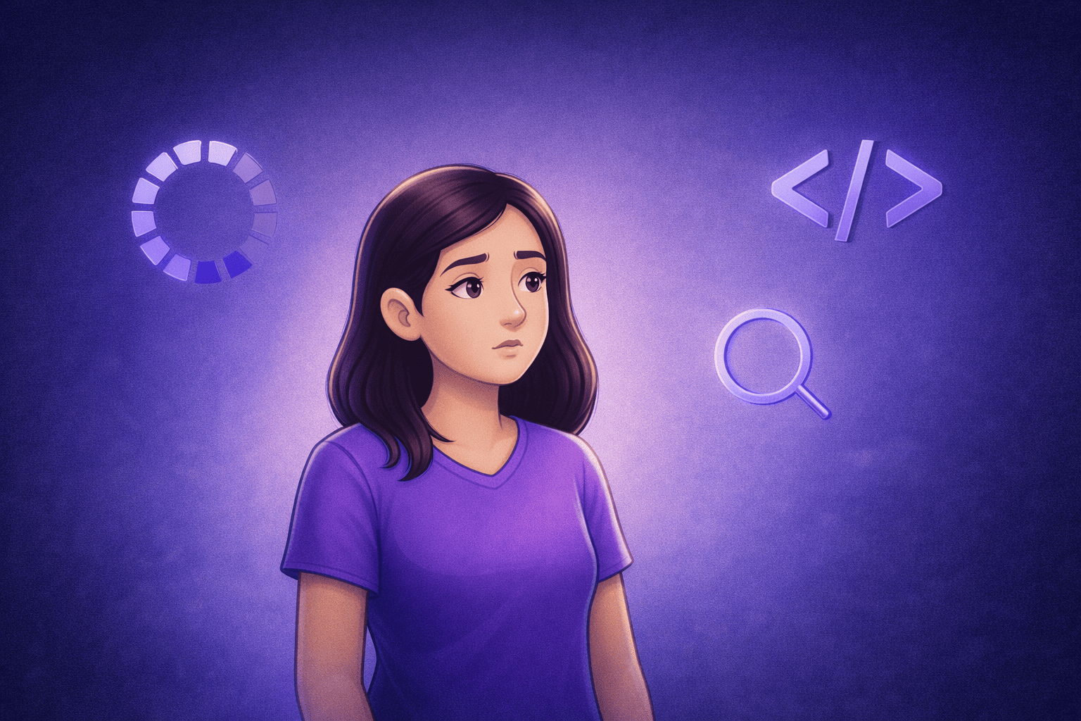 Illustration einer verwirrten Frau mit Fragezeichen über dem Kopf, umgeben von Begriffen wie Lazy Loading, SEO und Custom-Code – visuelle Erklärung technischer Webdesign-Begriffe für Einsteiger.