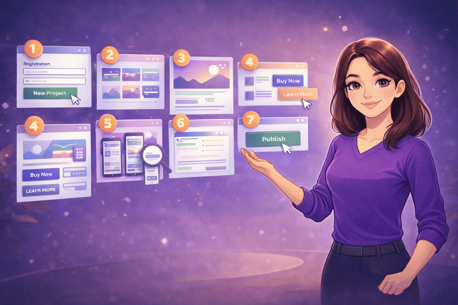 Illustration einer digitalen Mitarbeiterin im Funnelforms-Stil, die einen strukturierten Schritt-für-Schritt-Prozess zur Erstellung einer Onepage-Website visualisiert – mit klar angeordneten UI-Karten, Icons für Design, Inhalte, Mobiloptimierung, SEO und Veröffentlichung, ruhigem violettem Hintergrund und ohne Text.