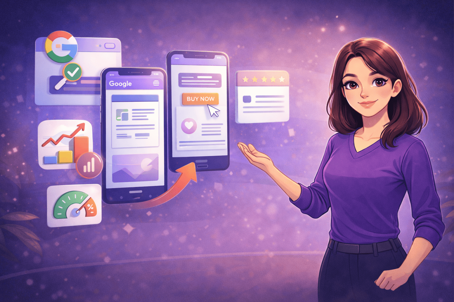 Illustration einer digitalen Mitarbeiterin, die eine mobil optimierte Onepage-Website auf Smartphone und Tablet präsentiert, mit klarer Struktur, schnellen Ladezeiten und benutzerfreundlichem Design für eine optimale Mobile-User-Experience.