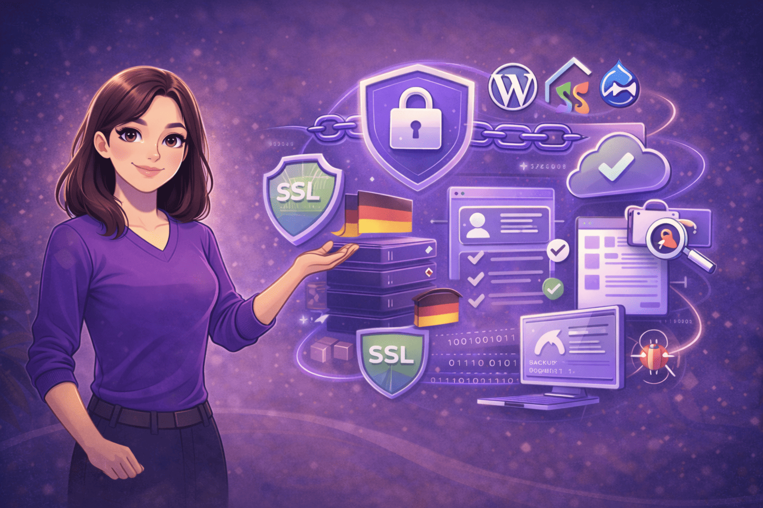 Illustration einer sicheren, cloudbasierten Onepage-Website mit CMS-Integration, Schutzschild-Symbolen für Datensicherheit, Server-Infrastruktur, Benutzerrollen und Backup-Funktionen als visuelle Darstellung moderner Sicherheits- und Kompatibilitätsstandards.