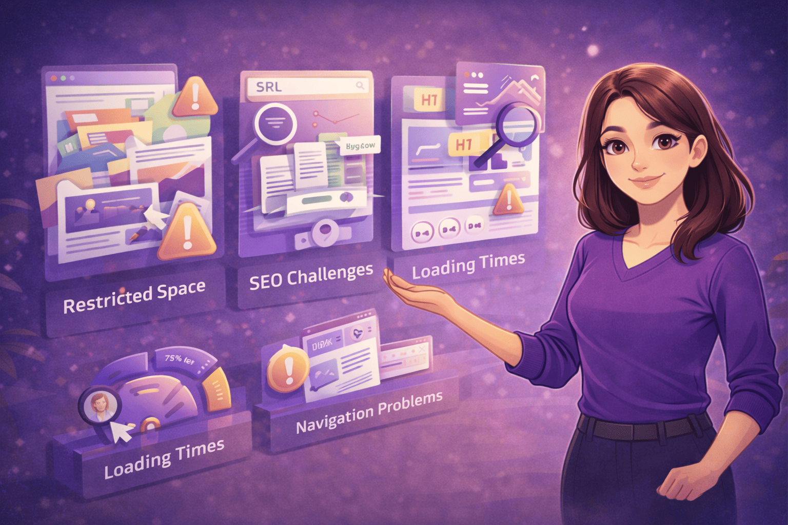 Illustration einer Onepage-Website mit klar strukturierten Abschnitten, Icons für SEO, Ladezeit, Navigation und Inhaltspriorisierung sowie einer Person, die Lösungen zu typischen Herausforderungen wie Platzmangel, Performance und Nutzerführung visualisiert.