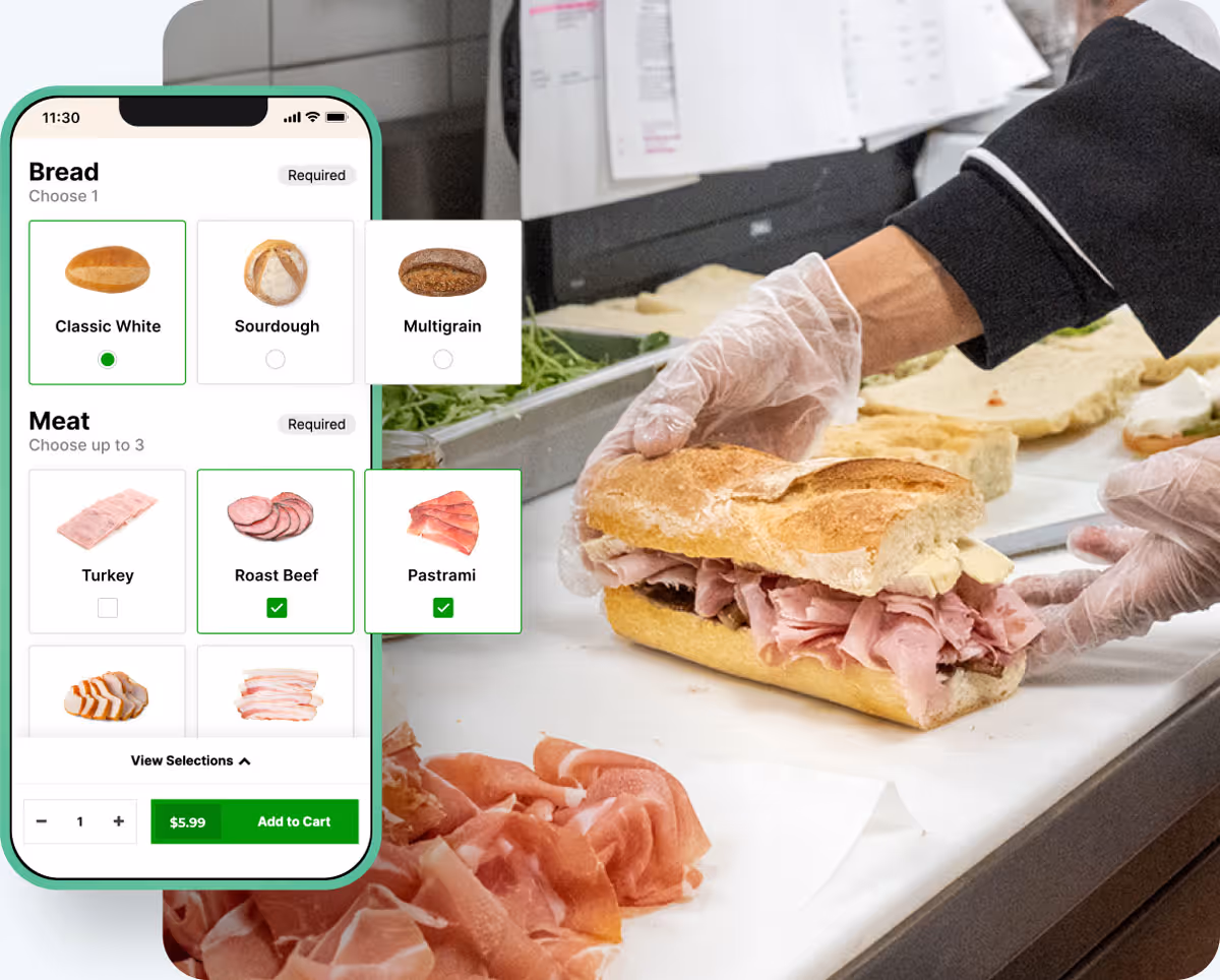 a cook preparing a sandwich and FoodStorm catering site UI showing sandwich selections