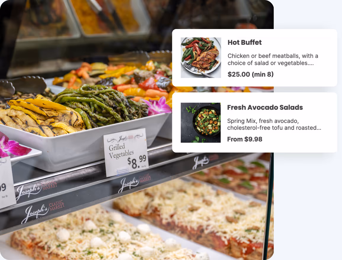 deli counter in store and FoodStorm UI showing food items