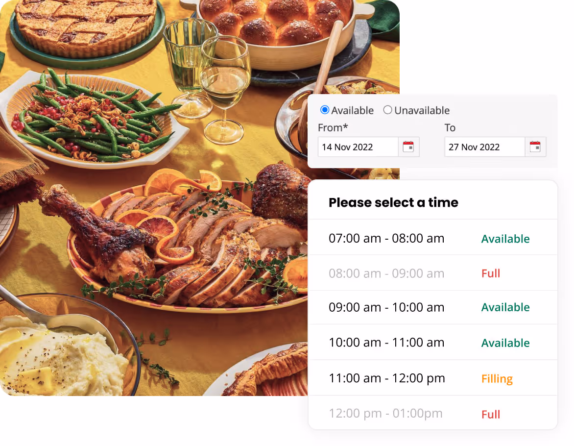 Thanksgiving dinner and FoodStorm UI showing pickup options