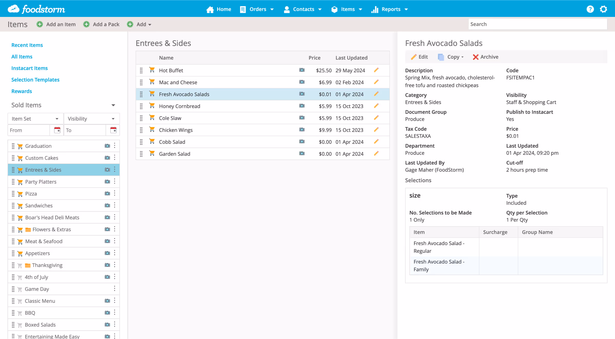 FoodStorm OMS menu management UI