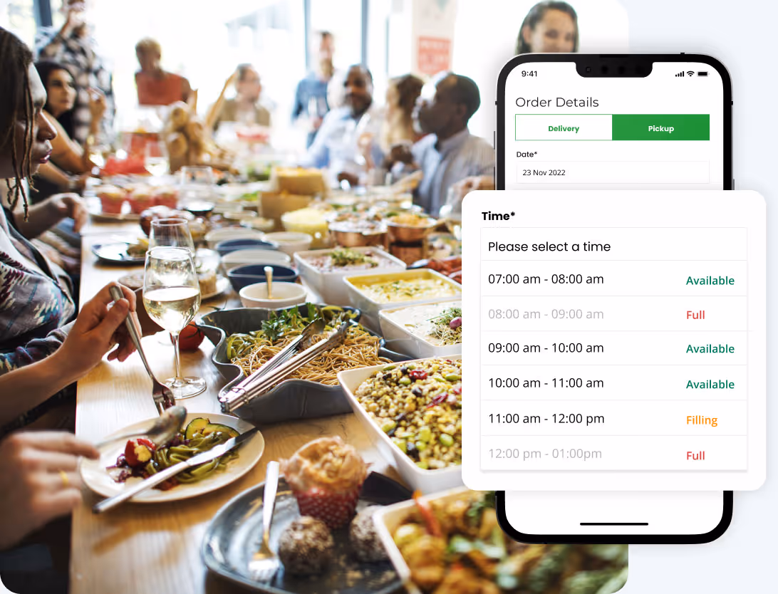 FoodStorm OMS UI showing pickup options and a photo of a celebratory table