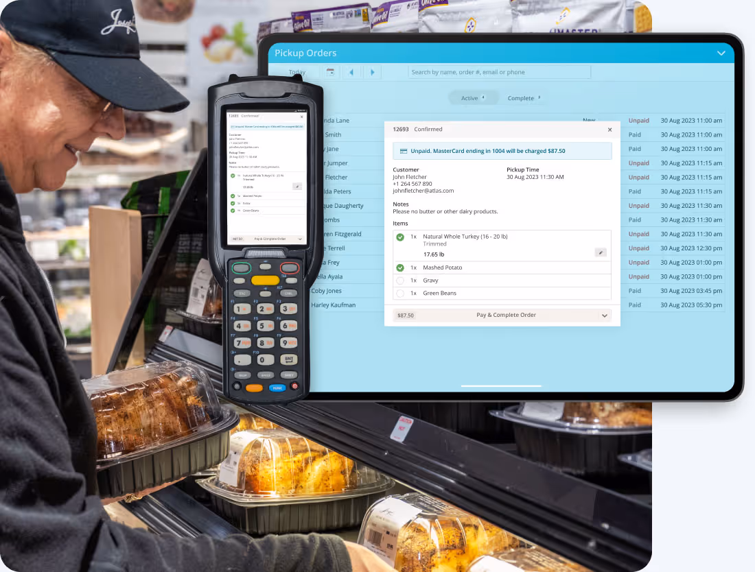 FoodStorm pickup management UI on a laptop and zebra device and photo of a shop assistant 
