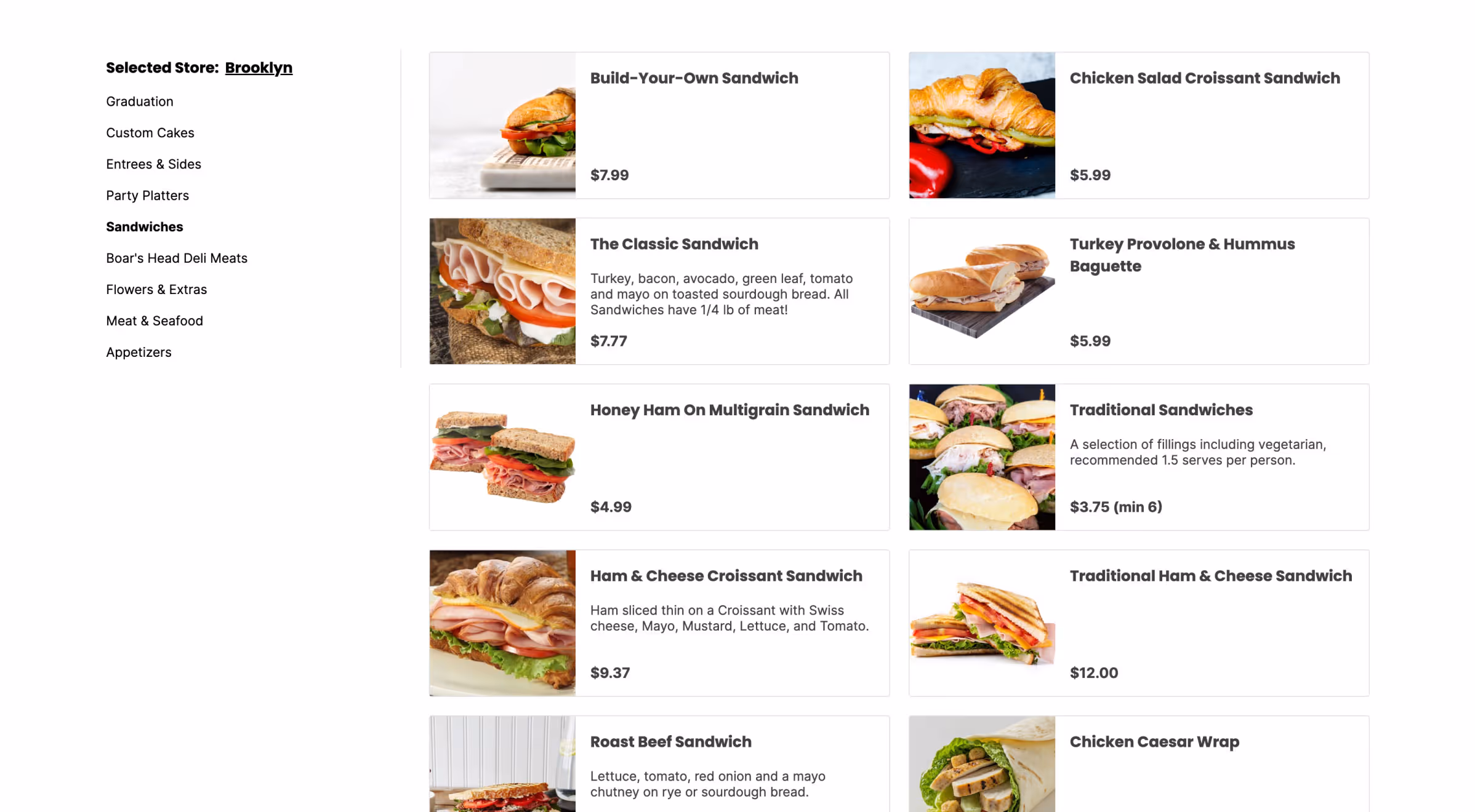 FoodStorm Catering site UI showing food items