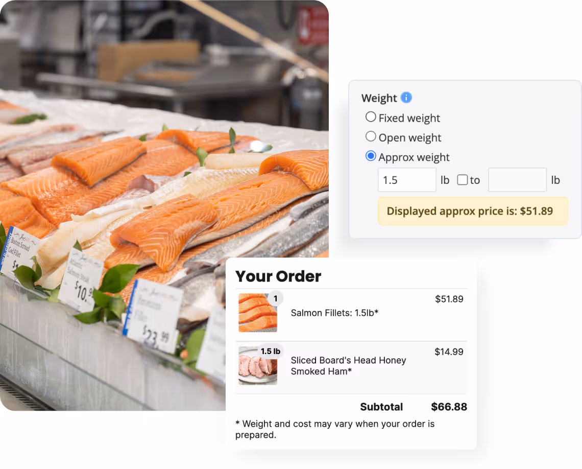 FoodStorm site checkout UI and a photo of a seafood counter