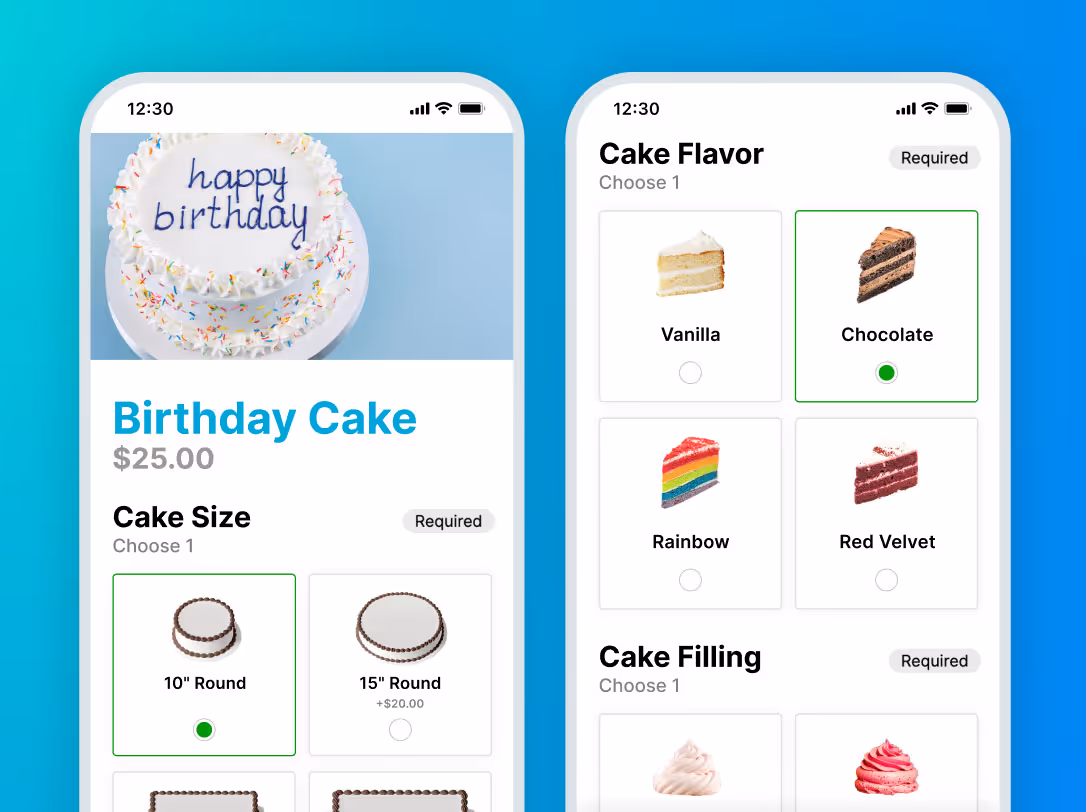 stylized Birthday cake ordering UI on a mobile
