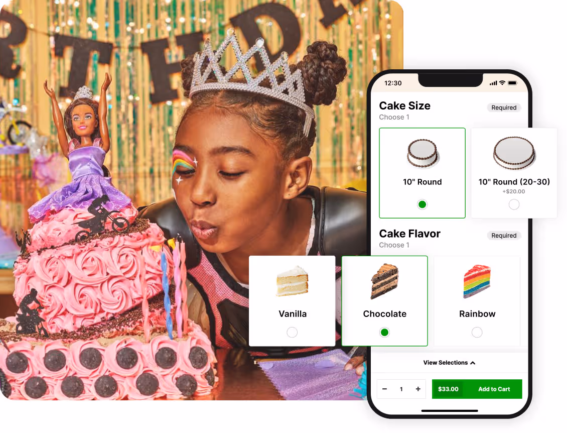 stylized FoodStorm cake ordering UI on a mobile and photo of a girl blowing candles on a cake
