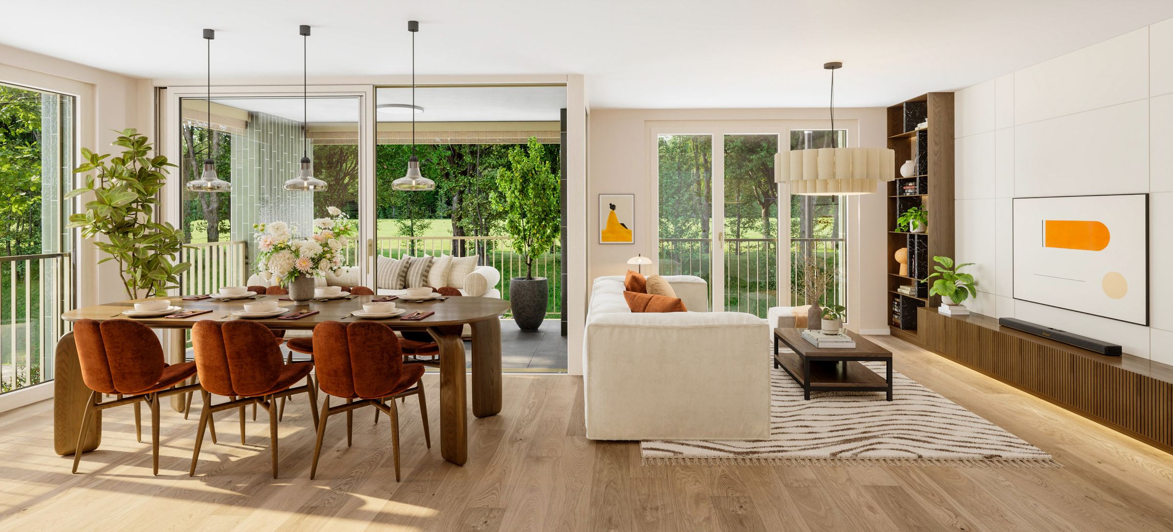 Séjour lumineux d'un appartement RIVA ouvert sur la loggia et la verdure