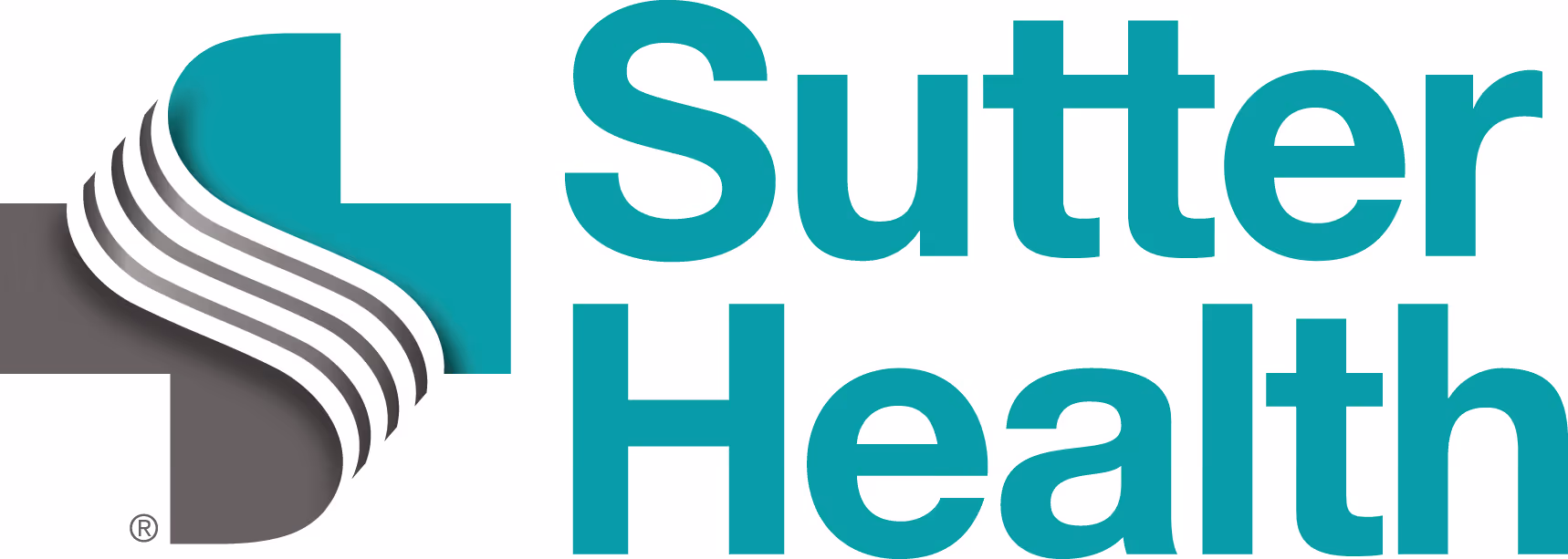 Sutter Health logo featuring a stylized S and cross symbol in teal and gray.