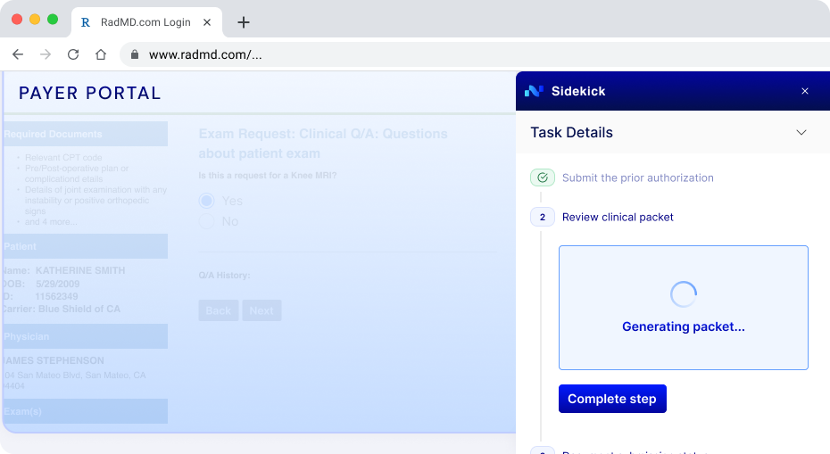 Website screenshot showing a Payer Portal for medical exam request with a Sidekick task sidebar displaying 'Generating packet...' during review of clinical packet step.