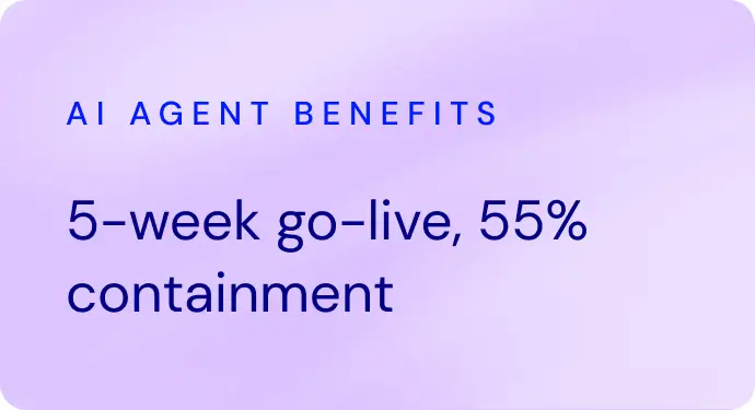 Text on lavender background reading: AI Agent Benefits - 5-week go-live, 55% containment.