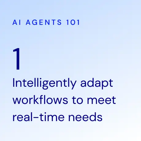 Text reading: AI Agents 101, 1 Intelligently adapt workflows to meet real-time needs on a light blue gradient background.