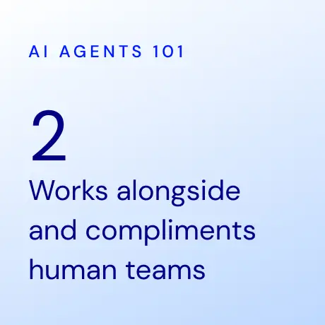 Text reading 'AI AGENTS 101' with a large number 2 and the phrase 'Works alongside and compliments human teams' on a light blue gradient background.