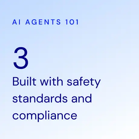 Text reading 'AI AGENTS 101', number 3, and 'Built with safety standards and compliance' on a light blue gradient background.