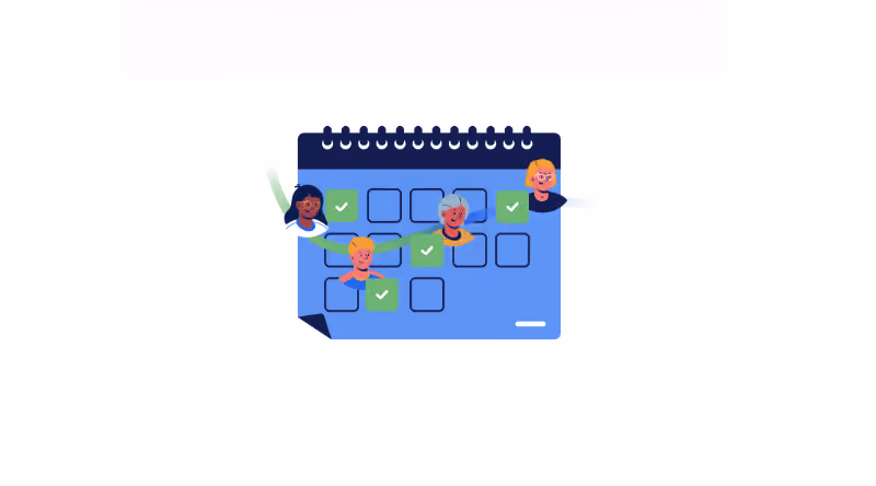 Calendar with checkmarks and smiling diverse faces connected by green lines representing intelligent scheduling.