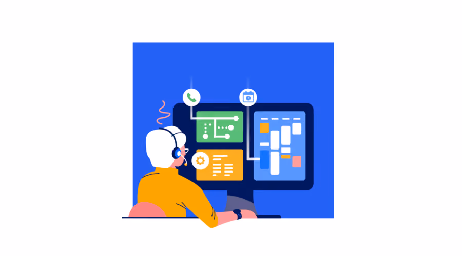 Person with headset using dual monitors displaying call center and scheduling software panels.