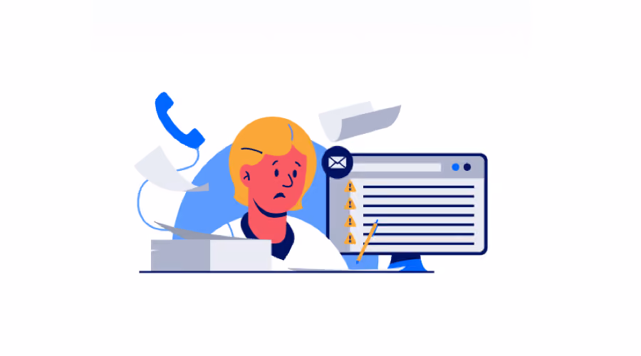 Stressed person with papers flying, a ringing phone, and a computer screen showing warning alerts.