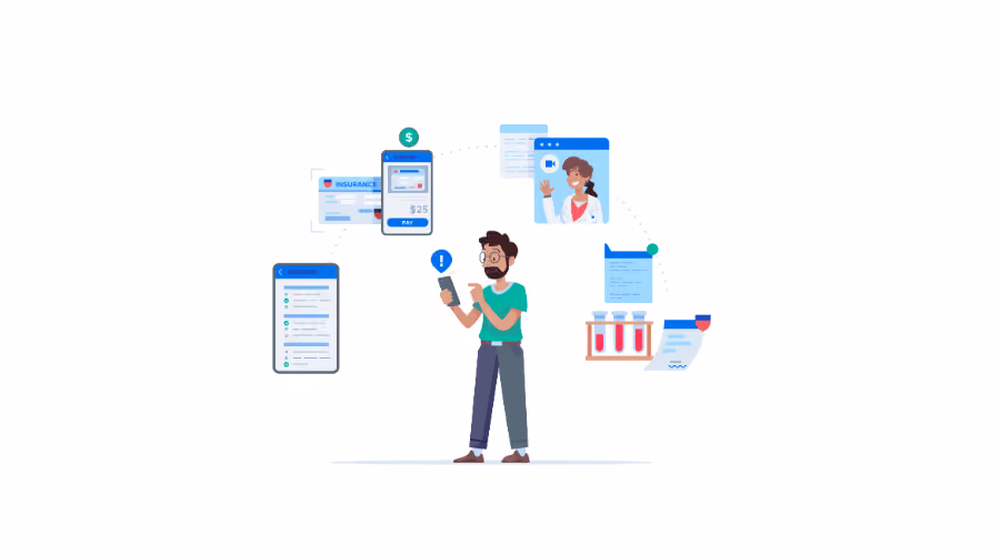 Man using smartphone with telehealth icons around showing video doctor, insurance, payment, and lab results.