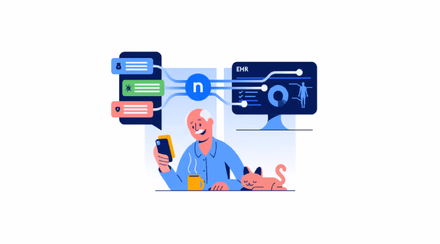 Elderly man using a smartphone with digital patient data connecting to an EHR on a screen, cat nearby.