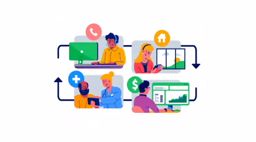 Illustration showing four people using technology for healthcare, finance, communication, and home tasks.