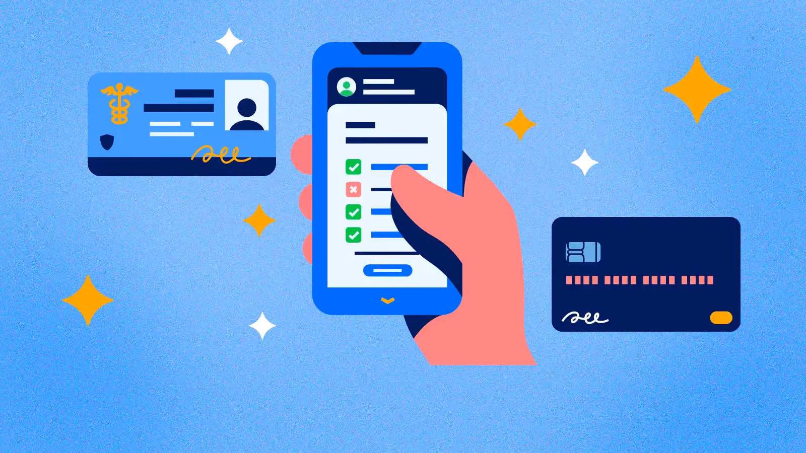 Hand holding a smartphone with checklist, flanked by a health ID card and a credit card on blue background.