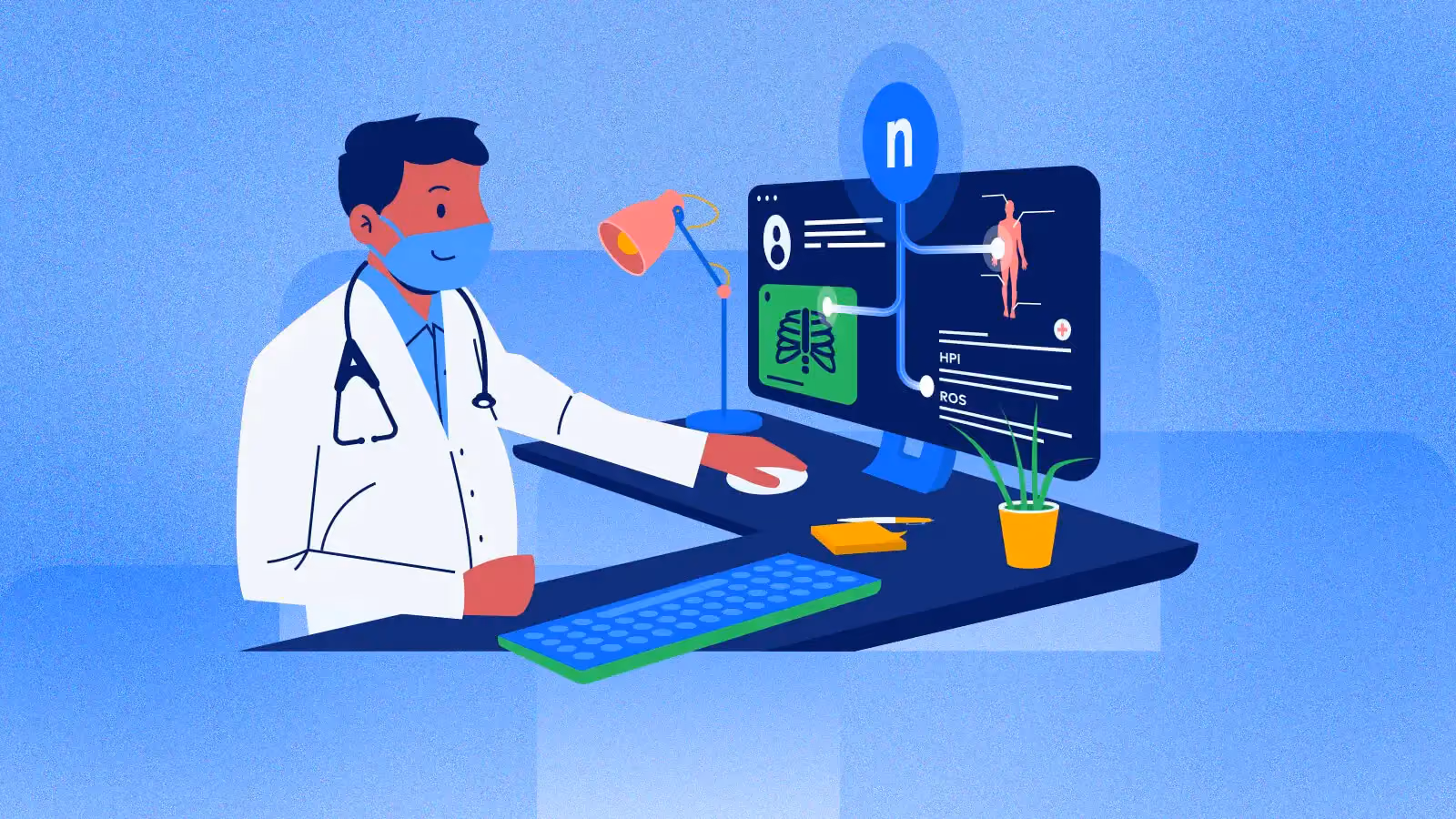 Doctor wearing a mask and white coat reviews medical images and patient data on a computer screen.