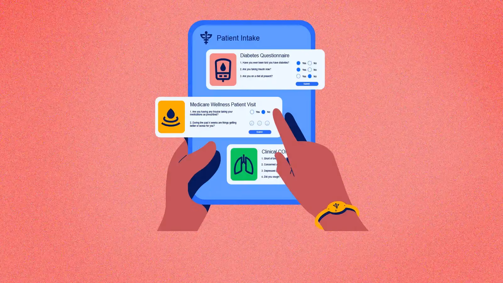 Hands holding a tablet showing patient intake forms for diabetes, Medicare wellness, and clinical COPD.