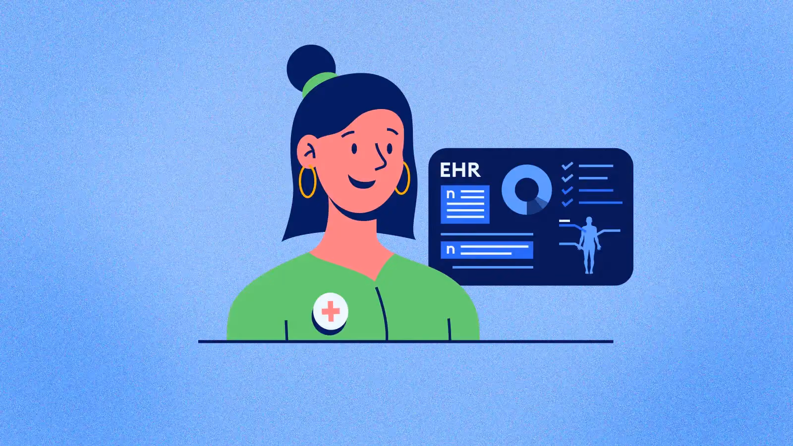 Illustration of a smiling female medical professional with EHR data chart to her right on blue background.