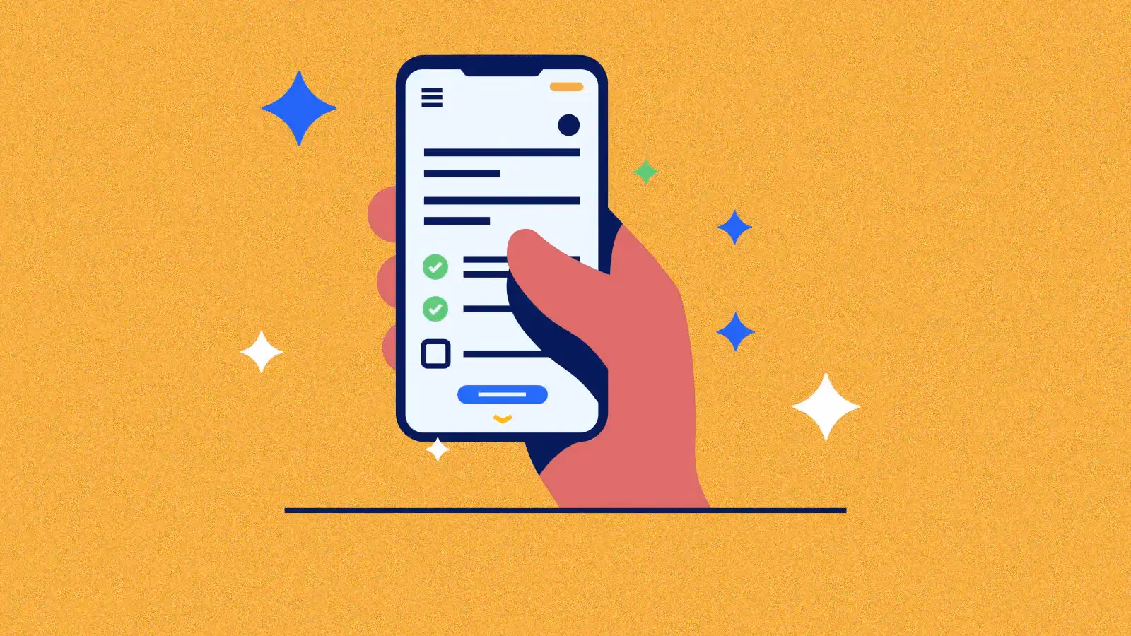 Animated hand holding a smartphone with a checklist app showing checked and unchecked items on a yellow background.