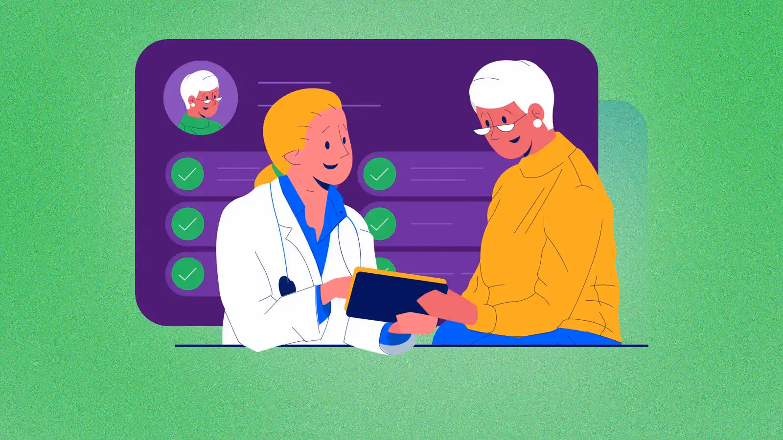 Doctor with a stethoscope shows a tablet to an older woman wearing glasses and a yellow sweater.