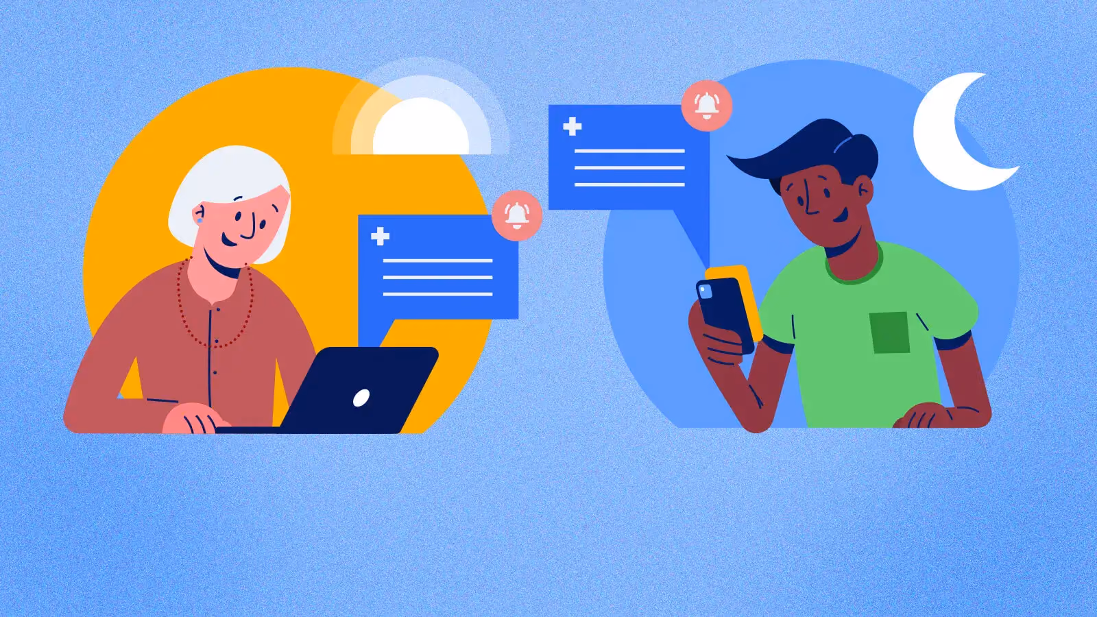 Illustration of two people exchanging messages, one working on a laptop by day, other on phone by night.