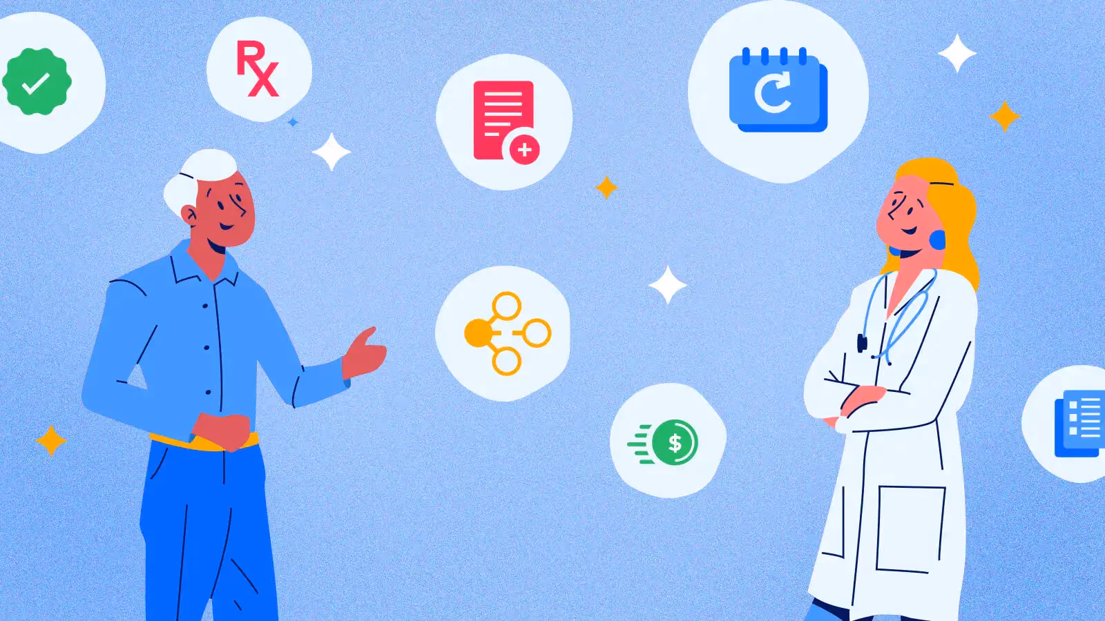 Illustration of a man talking to a female doctor with healthcare and medical icons around them.