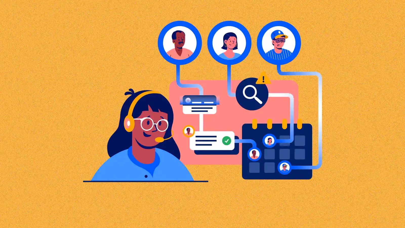 Illustration of a woman with headset managing communications and scheduling for three people.