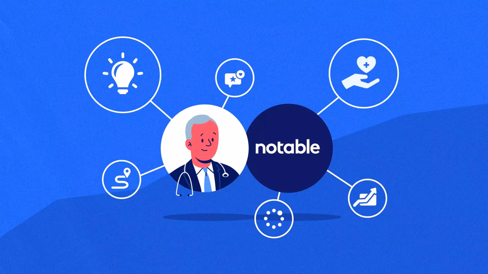Illustration of a doctor with connected icons and the word notable on a blue background.
