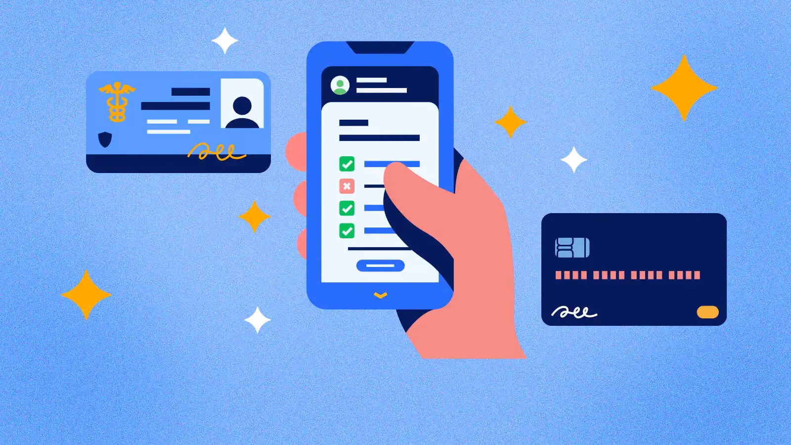 Hand holding smartphone with checklist surrounded by digital ID and credit cards on blue background.